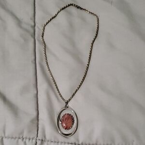 Gold-Tone Necklace with Pink Oval Stone Pendant